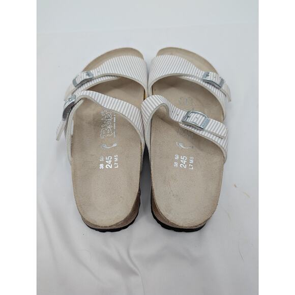 Birkenstock Birki's Aziza Sandal White and Gray Stripe Two Strap Buckle 7 EU 38 - Picture 7 of 8